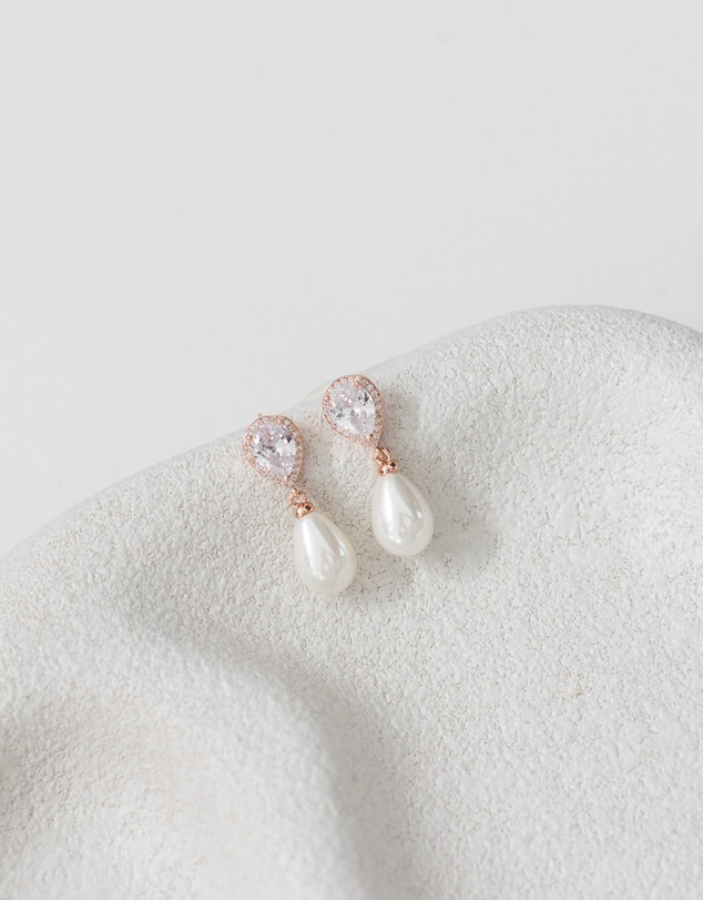 The White Collection - Sara - Rose Gold Pearl Bridal Earrings