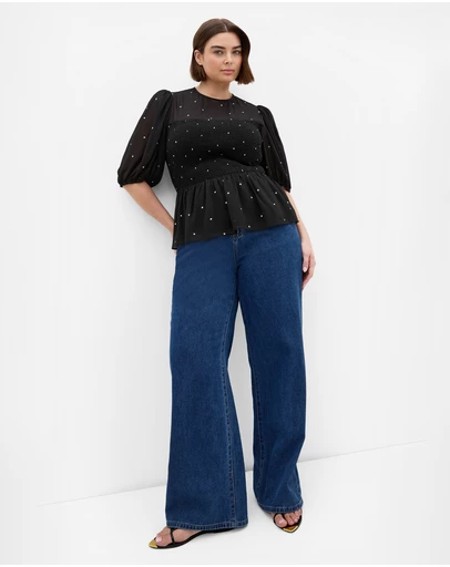 City Chic - Plus size Esther Spot Print Shirred Top - black