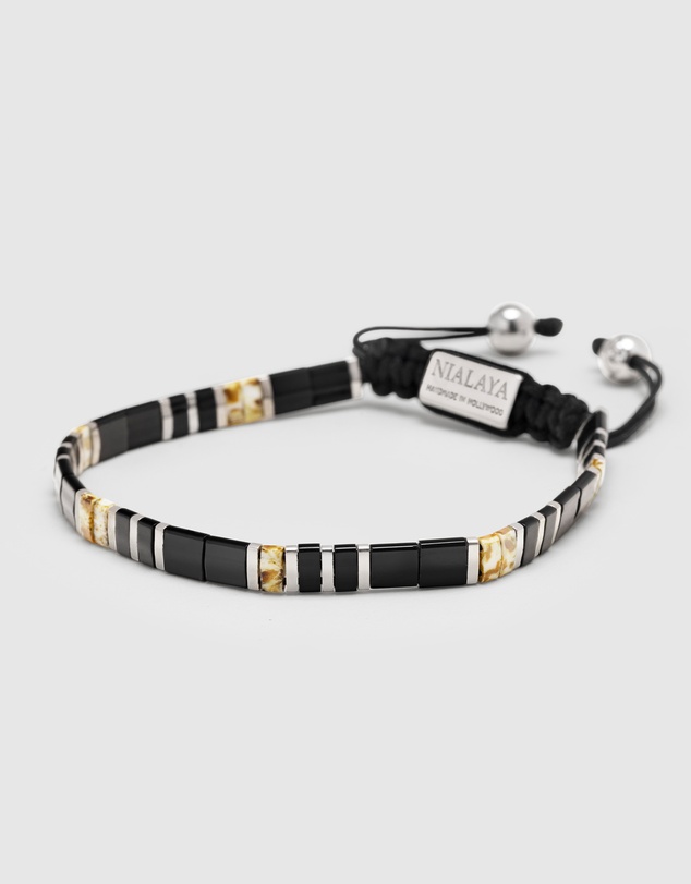 Nialaya Jewellery - Men's Bracelet with Black, White Marbled And Silver Miyuki Tila Beads