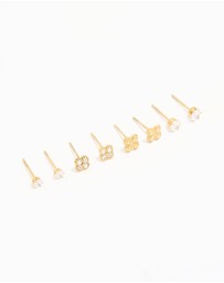 Lovisa - Waterproof Gold Plated Stainless Steel Cubic Zirconia Flower & Classic Stud Earrings 4-Pack