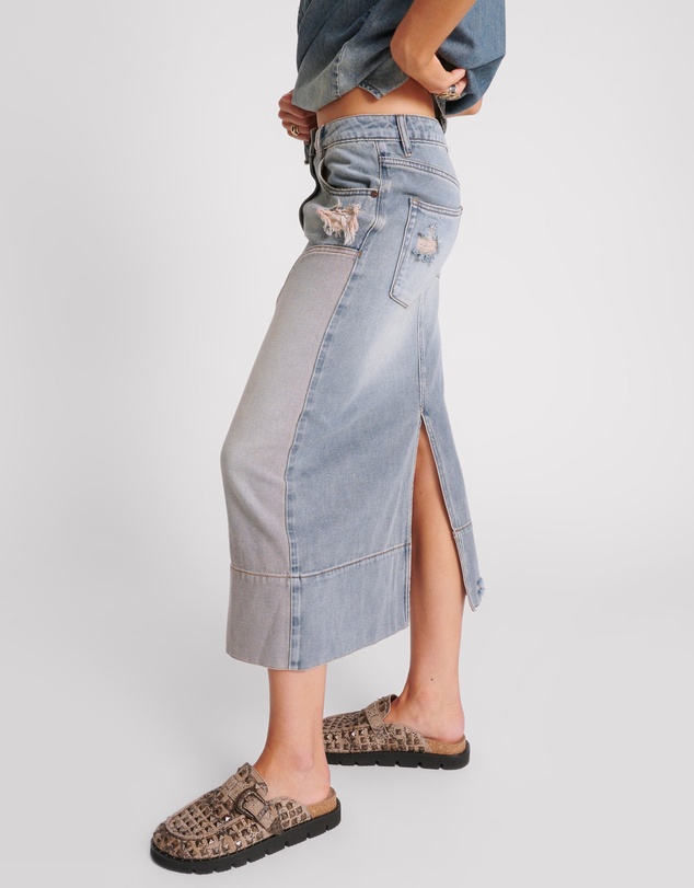 ONE TEASPOON - Cassidy Mid Waist Long Denim Column Denim Skirt - Dirty Blue