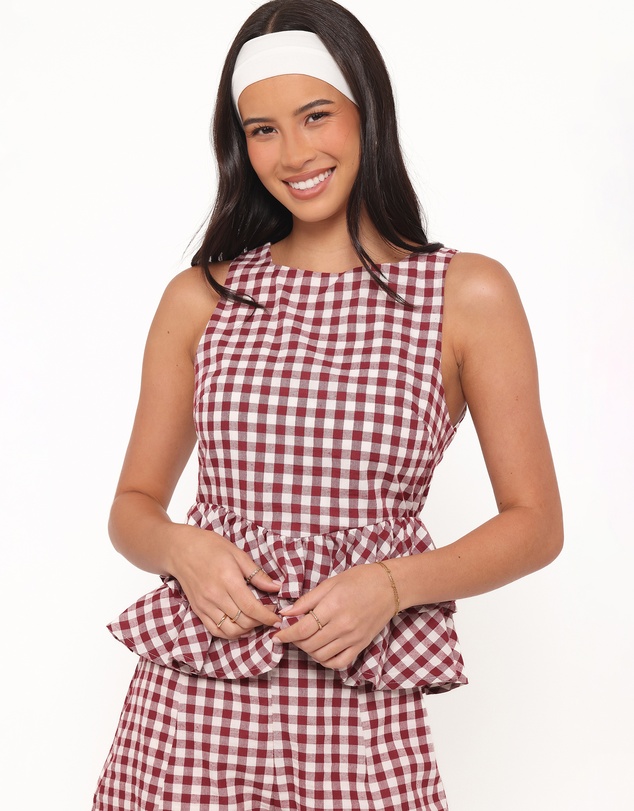 Petal & Pup - Landon Tiered Peplum Top - Burgundy Gingham