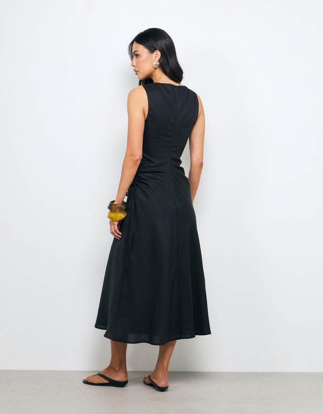 AERE - Orla Boatneck Ruched Waist Linen Midi Dress