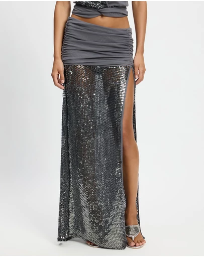 Jaded London - Sequin Mesh Maxi Skirt With Fold Over Waistband