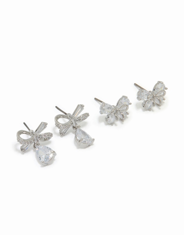 Lovisa - Silver Cubic Zirconia Bow Earrings 2-Pack