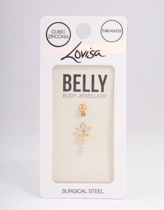 Lovisa - Gold Plated Surgical Steel Cubic Zirconia Flower Pear Threadless Belly Bar