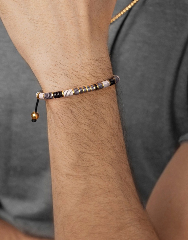Nialaya Jewellery - Men's Beaded Bracelet with Grey and Gold Disc Beads