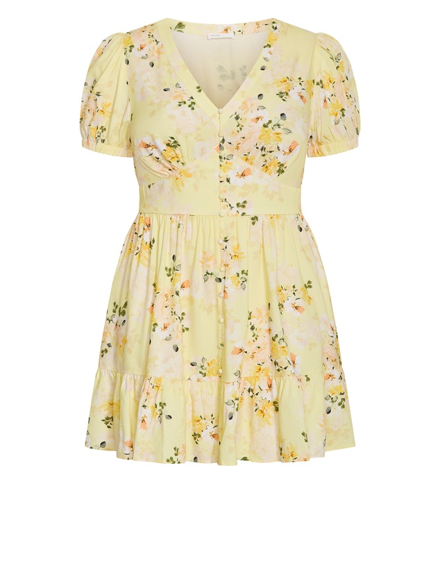 City Chic - Plus size Elsie Blossom Print Short Sleeve Mini Dress - lemon