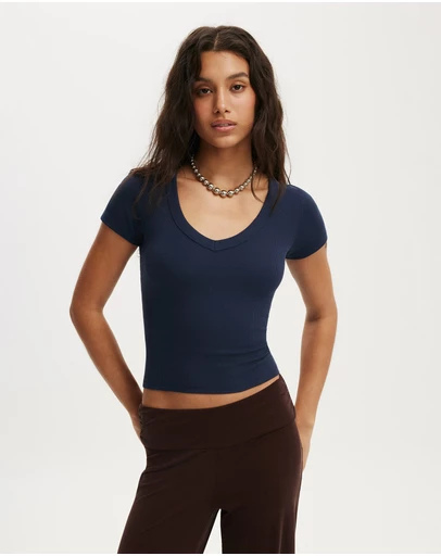 Cotton On - Goldie Rib V Neck Short Sleeve