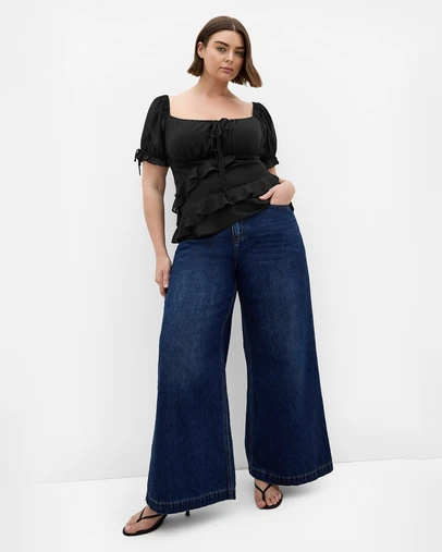 City Chic - Plus size Shayla Short Sleeve Frill Top - black