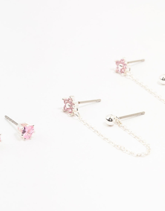 Lovisa - Silver Plated Brass Heart Flower Chain Earrings 3-Pack