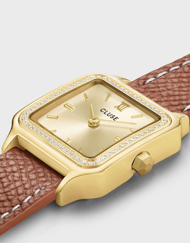 Cluse - Gracieuse Petite Watch Double Leather, White stones, Nutshell, Full Gold Colour