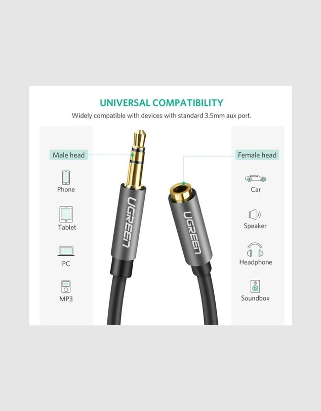 Ugreen - UGREEN 3.5mm Male to Female Audio Extension Cable – 3m Black Aluminum Alloy Tangle-Free