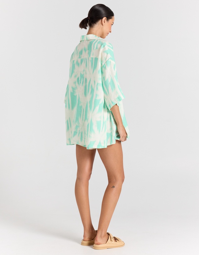 Poolside Paradiso - Palms 100% Linen Over Shirt - Mint