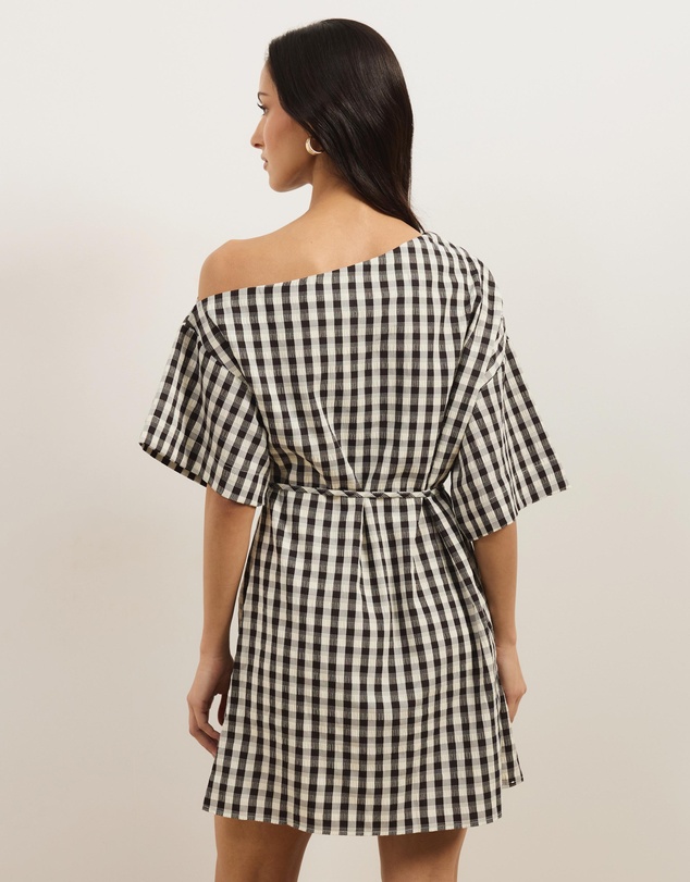Atmos&Here - Olive Off Shoulder Gingham Mini Dress With Tie Waist