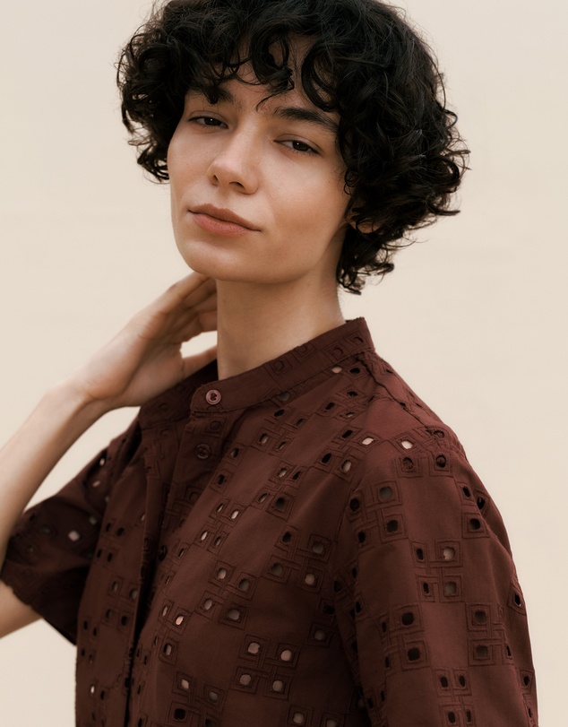 Trenery - Cotton Geo Cutwork Short Sleeve Shirt in Espresso