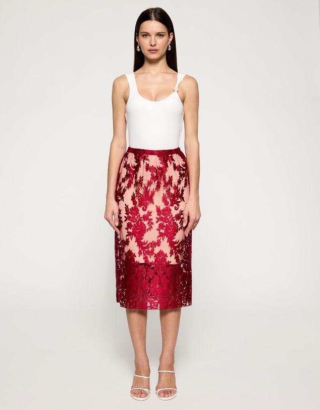 Lindsay Nicholas New York - Crimson Rose Lace Skirt with Nude Underskirt