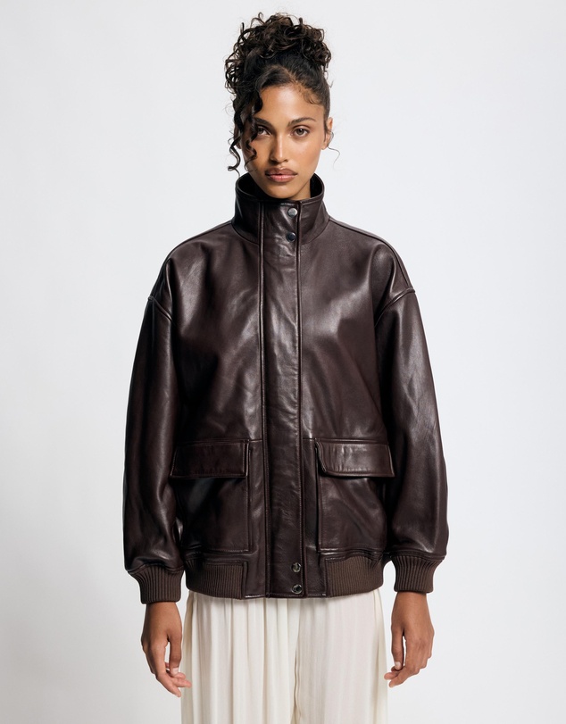 Lover - Byron Oversized 100% Leather Funnel Neck Bomber Jacket