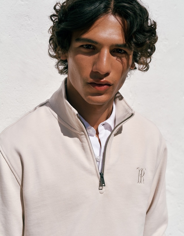 Trenery - Terry 1/4 Zip Monogram Sweat in Stone