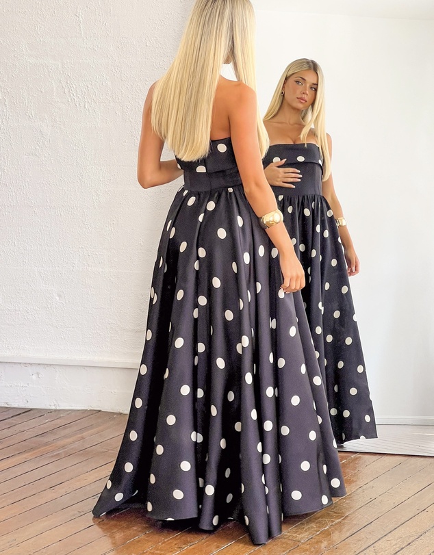 Beginning Boutique - Julianne Strapless Polka Dot Satin Maxi Dress