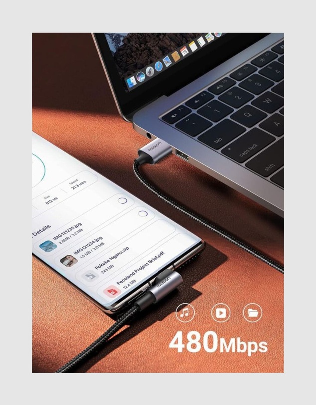 Ugreen - UGREEN 90 Degree Angle USB-C Male to USB-A Male Braided Cable 3m