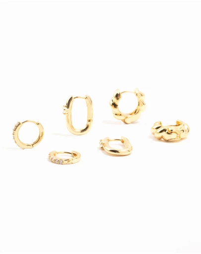 Lovisa - Gold Plated Brass Rope & Pave Cubic Zirconia Hoop Earrings 3-Pack