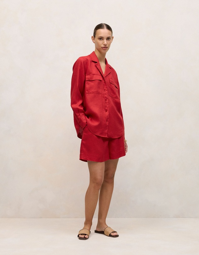 Trenery - Linen Pocket Detail Long Sleeve Shirt in Cherry Red