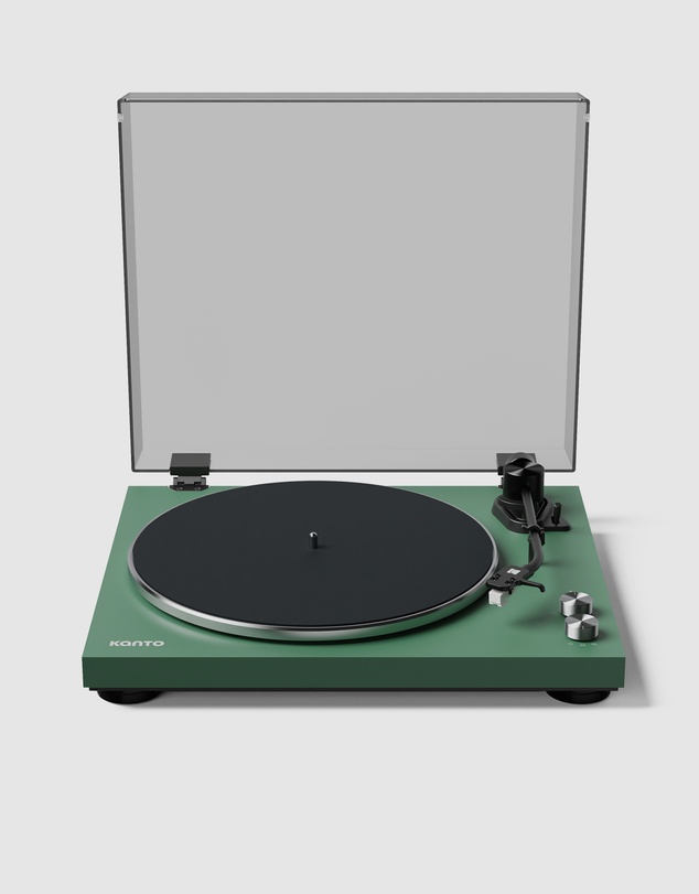 iWorld - Kanto OBI3 Turntable - Matte Green with Kanto ORA 100W Powered Speakers - Black Bundle