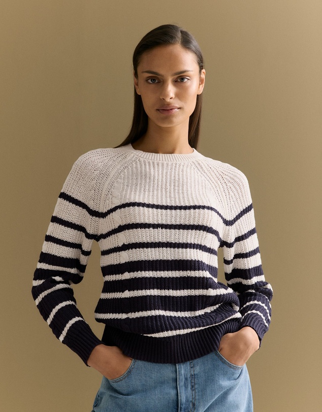 Trenery - Mercerised Cotton Striped Cable Knit in Night Sky