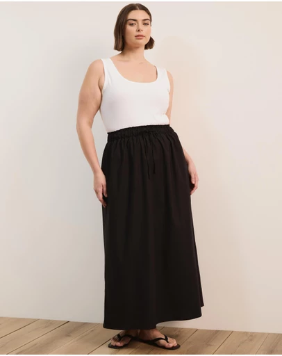 Atmos&Here Curvy - Amber Cotton Linen Blend Waist Tie A-Line Midi Skirt