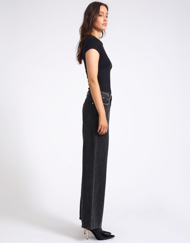 ONE TEASPOON - Jackson Mid Waist Wide Leg Studded Denim Jeans - Black