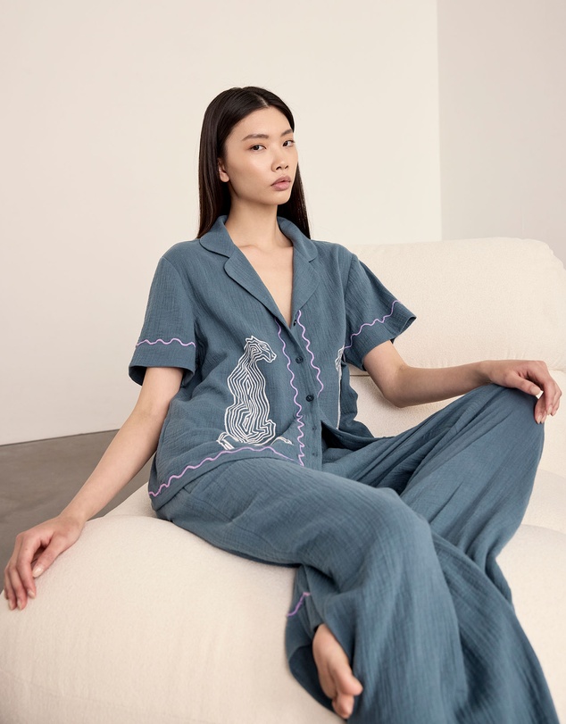 Chelsea Peers - Leopard Embroidery Short Sleeve Revere and Wide Leg Pyjama Set