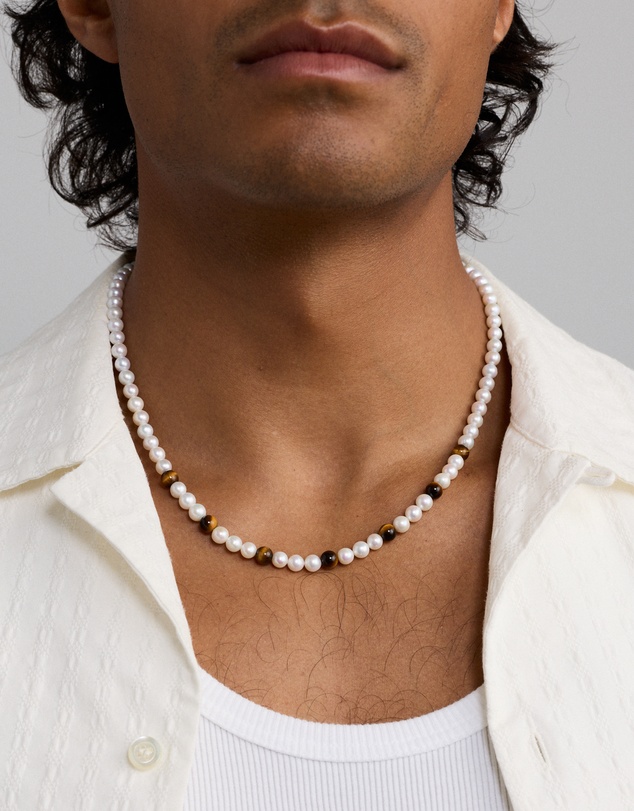 Michael Hill - Cultured Freshwater Pearl & Tiger Eye Necklace in Sterling Silver