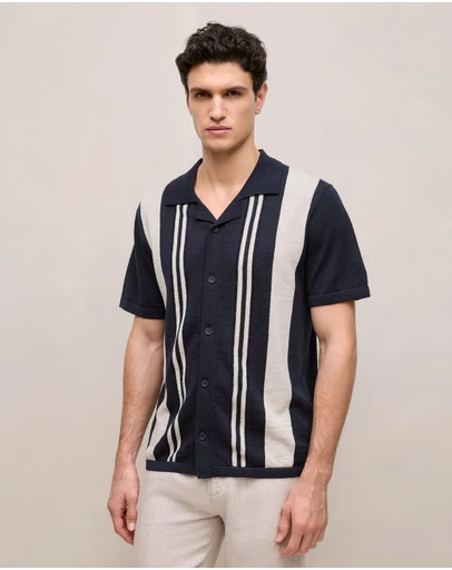 Trenery - Linen Cotton Stripe Intarsia Knit Shirt in Navy