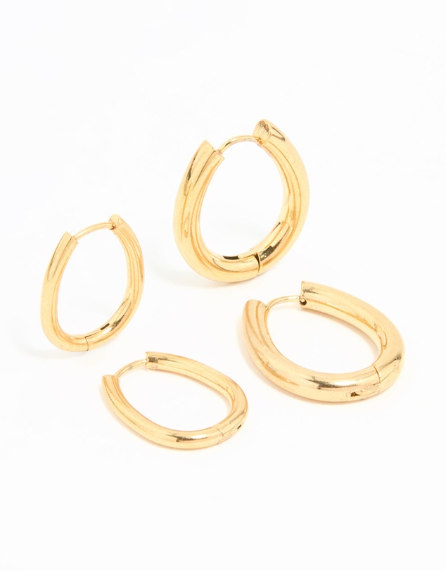 Lovisa - Waterproof Gold Plated Stainless Steel Oval Tube Hoop Earrings 2-Pack