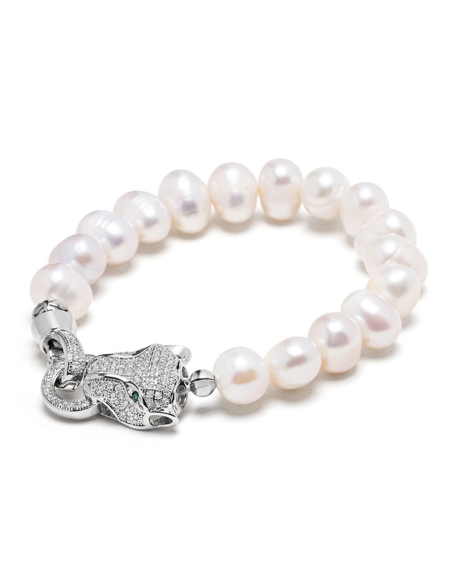 Nialaya Jewellery - Women's Pearl Bracelet with Silver Panther Head