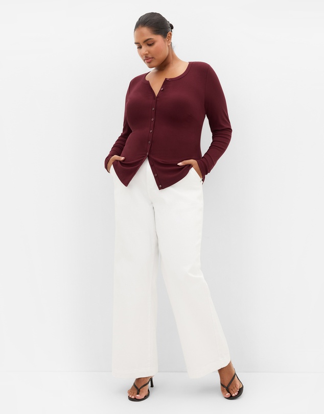 City Chic - Plus size Button Through Knit Top - berry
