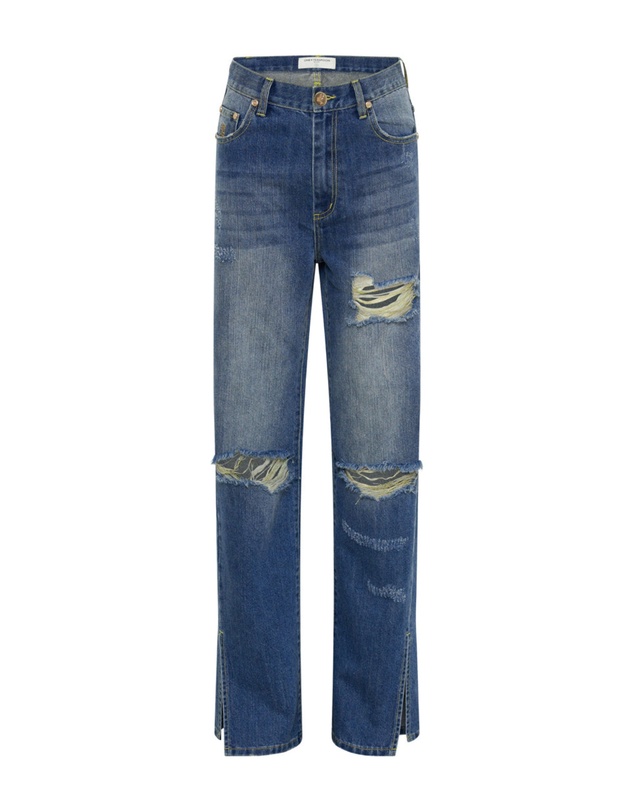 ONE TEASPOON - Shredded Gold Billie Low Slung Straight Leg Mid Waist Denim Jeans
