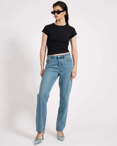 ONE TEASPOON - Austins Mid Waist Relaxed Straight Leg Jeans - Blue Crush