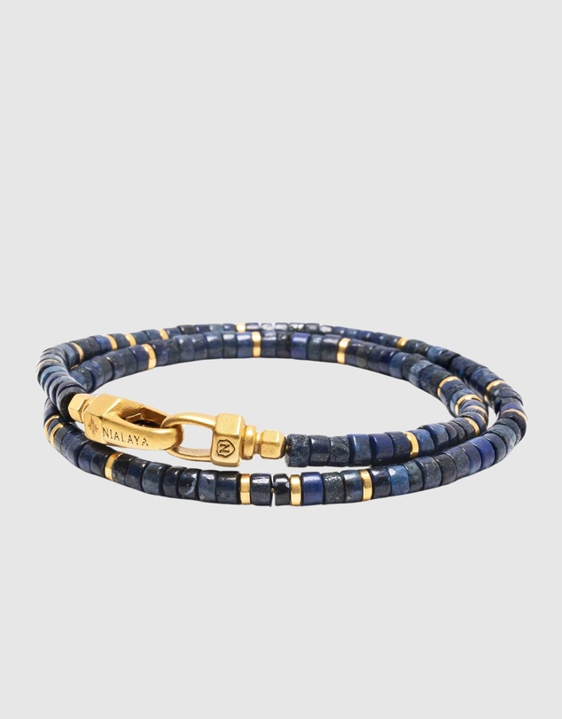 Nialaya Jewellery - Blue Lapis Heishi Wrap Bracelet with Gold Lock