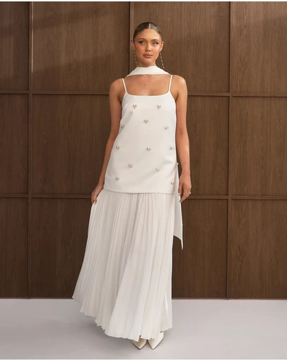 Six Stories - Embellished Pearl Strappy Maxi Dress with Neck Scarf