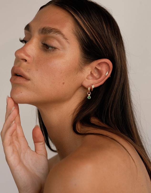 HOUSE OF SLANI - Green Emerald Charm Gold Hoops