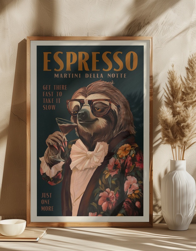 Olive et Oriel - Art Deco Espresso Martini Drinking Sloth by The Whiskey Ginger Art Print
