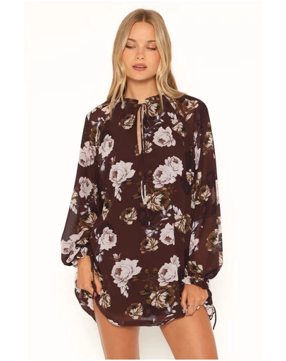 Petal & Pup - Sigrid Tie Cuff Mini Dress - Brown Floral