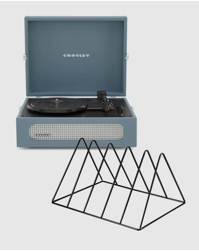 Crosley - Crosley Voyager Bluetooth Portable Turntable + Gadhouse Vinyl Rack Bundle - Washed Blue