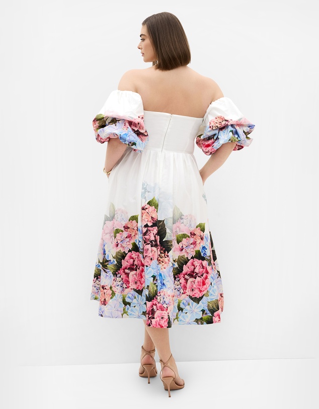 City Chic - Plus size Rosa Border Print Puff Sleeve Midi Dress - white