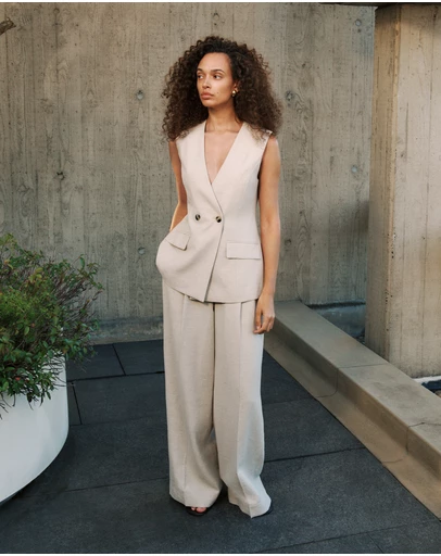Trenery - Linen Blend Double Pleat Pant in Stone