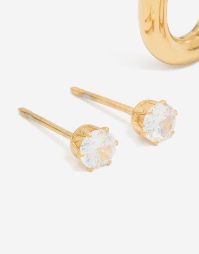 Lovisa - Waterproof Gold Plated Stainless Steel Rectangle Hoop Earrings & Cubic Zirconia Studs 2-Pack