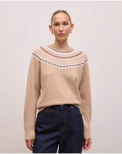 Trenery - Merino Cashmere Fair Isle Crew in Tan