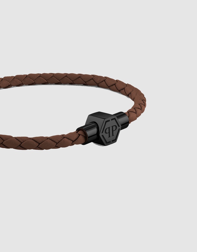 Philipp Plein - Plein Tag Silver-Tone  Brown Leather Bracelet